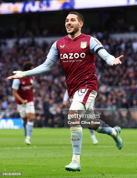 Emi Buendia of Aston Villa celebrates after scoring their side's first goal during the Premier League match between Tottenham Hotspur and Aston Villa...