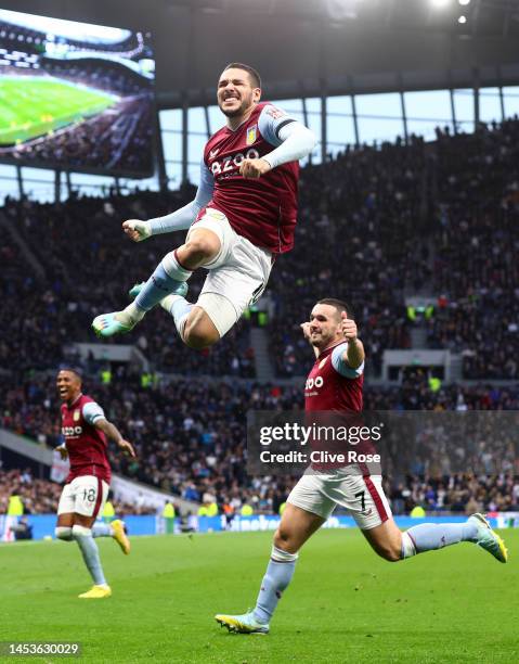 Emi Buendia of Aston Villa celebrates after scoring their side's first goal during the Premier League match between Tottenham Hotspur and Aston Villa...