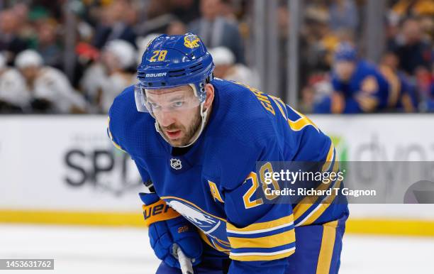 Zemgus Girgensons of the Buffalo Sabres skates against the Boston Bruins during the second period at the TD Garden on December 31, 2022 in Boston,...