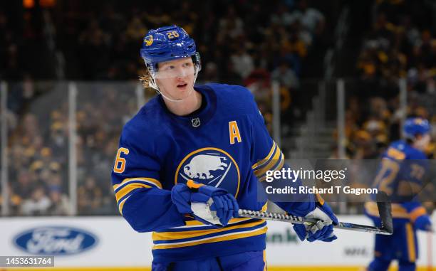 Rasmus Dahlin of the Buffalo Sabres skates in warm-ups prior to the game against the Boston Bruins at the TD Garden on December 31, 2022 in Boston,...