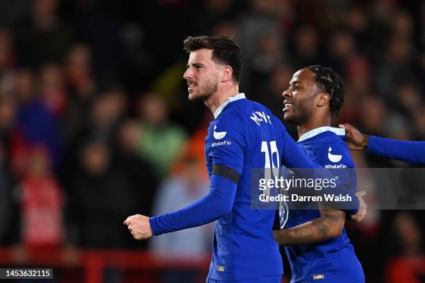 Raheem Sterling of Chelsea celebrates after scoring their side's first goal with Mason Mount during the Premier League match between Nottingham...