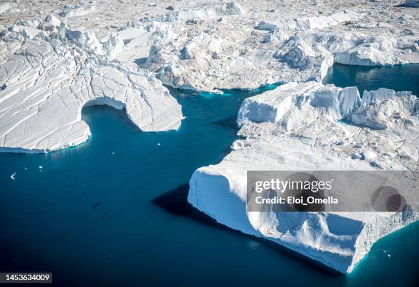 punto de vista aéreo de dos ballenas en medio de los icebergs que se derriten en groenlandia - north pole fotografías e imágenes de stock