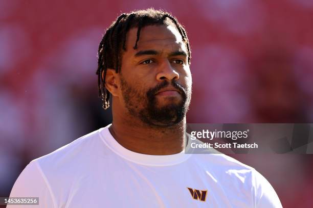 Jonathan Allen of the Washington Commanders looks on before playing against the Cleveland Browns at FedExField on January 01, 2023 in Landover,...