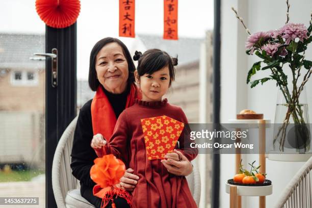 portrait of cheerful asian grandmother with her grandchild smiling at camera - chinees lantaarnfeest stockfoto's en -beelden