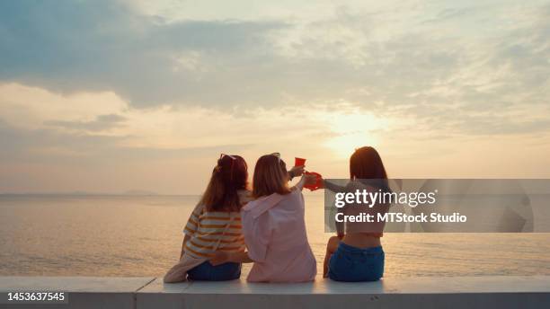 group of young asian women celebrating and drinking alcohol on tropical beach. - picnic rug stockfoto's en -beelden