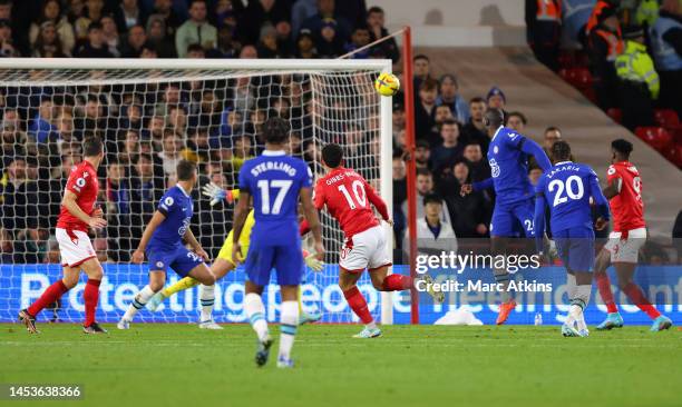 Morgan Gibbs-White of Nottingham Forest has a shot which hits the post during the Premier League match between Nottingham Forest and Chelsea FC at...