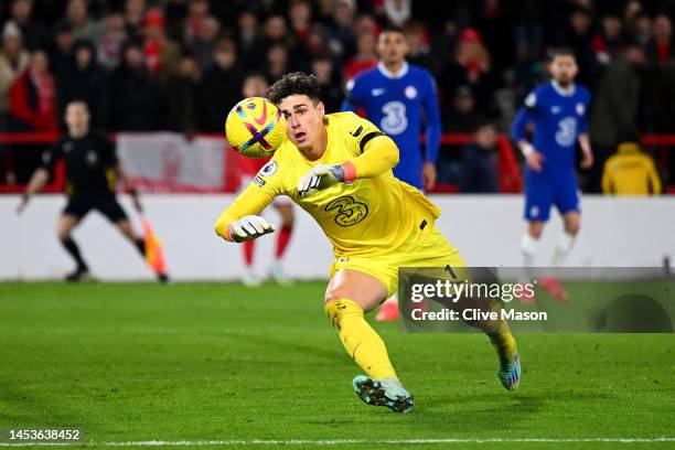 Kepa Arrizabalaga of Chelsea controls the ball during the Premier League match between Nottingham Forest and Chelsea FC at City Ground on January 01,...