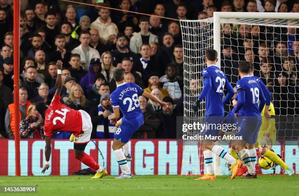 Serge Aurier of Nottingham Forest scores their sides first goal during the Premier League match between Nottingham Forest and Chelsea FC at City...