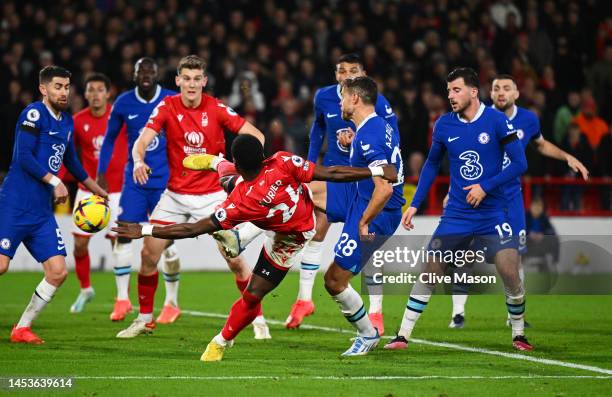 Serge Aurier of Nottingham Forest scores their sides first goal during the Premier League match between Nottingham Forest and Chelsea FC at City...