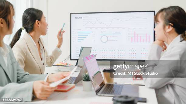 group of asian business people meeting discuss project plan and financial results in office. - cost management stock pictures, royalty-free photos & images