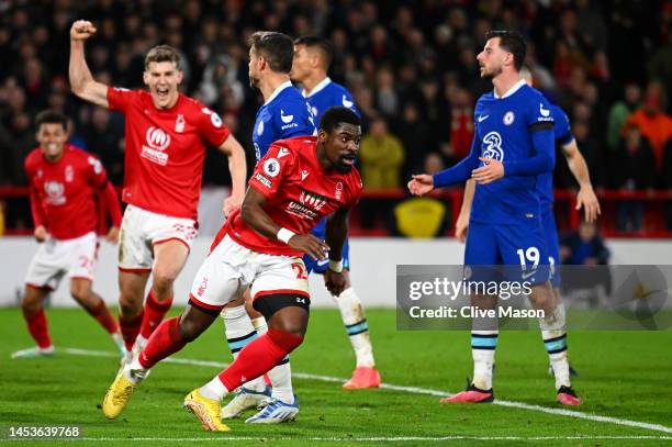 Serge Aurier of Nottingham Forest celebrates after scoring their sides first goal during the Premier League match between Nottingham Forest and...