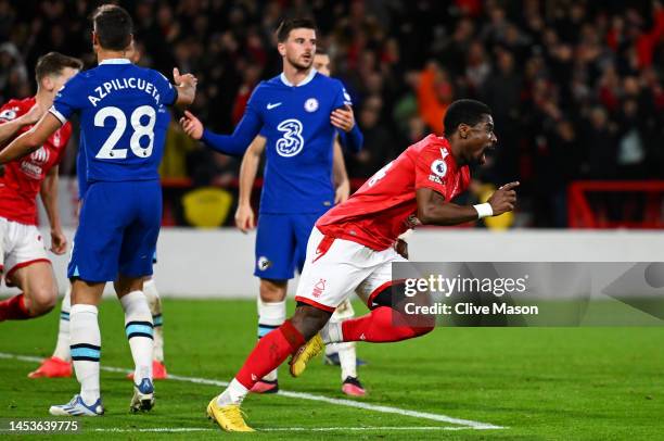 Serge Aurier of Nottingham Forest celebrates after scoring their sides first goal during the Premier League match between Nottingham Forest and...