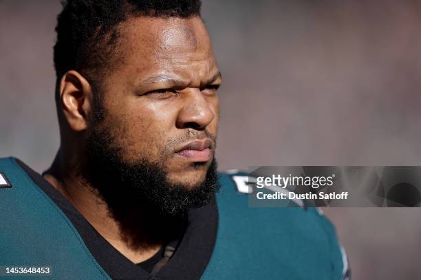 Ndamukong Suh of the Philadelphia Eagles looks on before a game against the New Orleans Saints at Lincoln Financial Field on January 01, 2023 in...