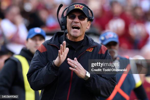 Head coach Ron Rivera of the Washington Commanders calls for a time out during the second quarter against the Cleveland Browns at FedExField on...