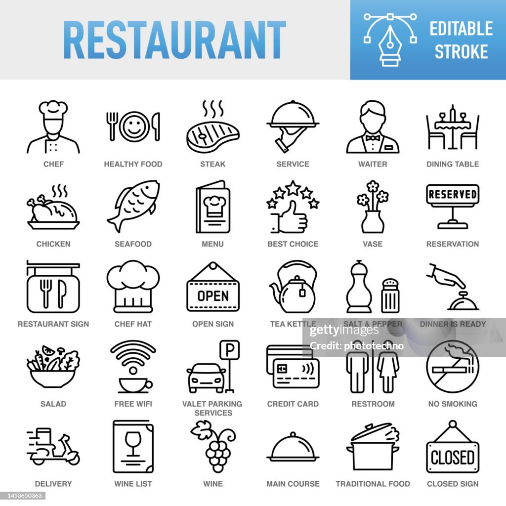 Restaurant - Thin line vector icon set. Pixel perfect. Editable stroke. For Mobile and Web. The set contains icons: Food, Restaurant, Food and Drink, Drink, Coffee - Drink, Coffee Cup, Breakfast, Wine, Wine Bottle, Wineglass, Alcohol - Drink, Meat, Fish