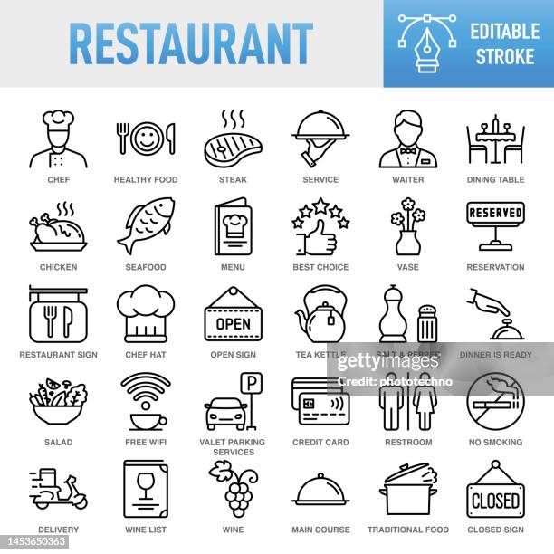 restaurant - thin line vector icon set. pixel perfect. editable stroke. for mobile and web. the set contains icons: food, restaurant, food and drink, drink, coffee - drink, coffee cup, breakfast, wine, wine bottle, wineglass, alcohol - drink, meat, fish - food and drink sign stock illustrations