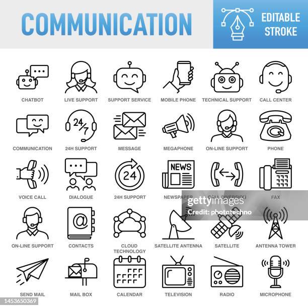 modern universal business communication line icon set - thin line vector icon set. pixel perfect. editable stroke. for mobile and web. the set contains icons: communication, connection, internet, technology, business, e-mail,using phone, social media - it support team stock illustrations