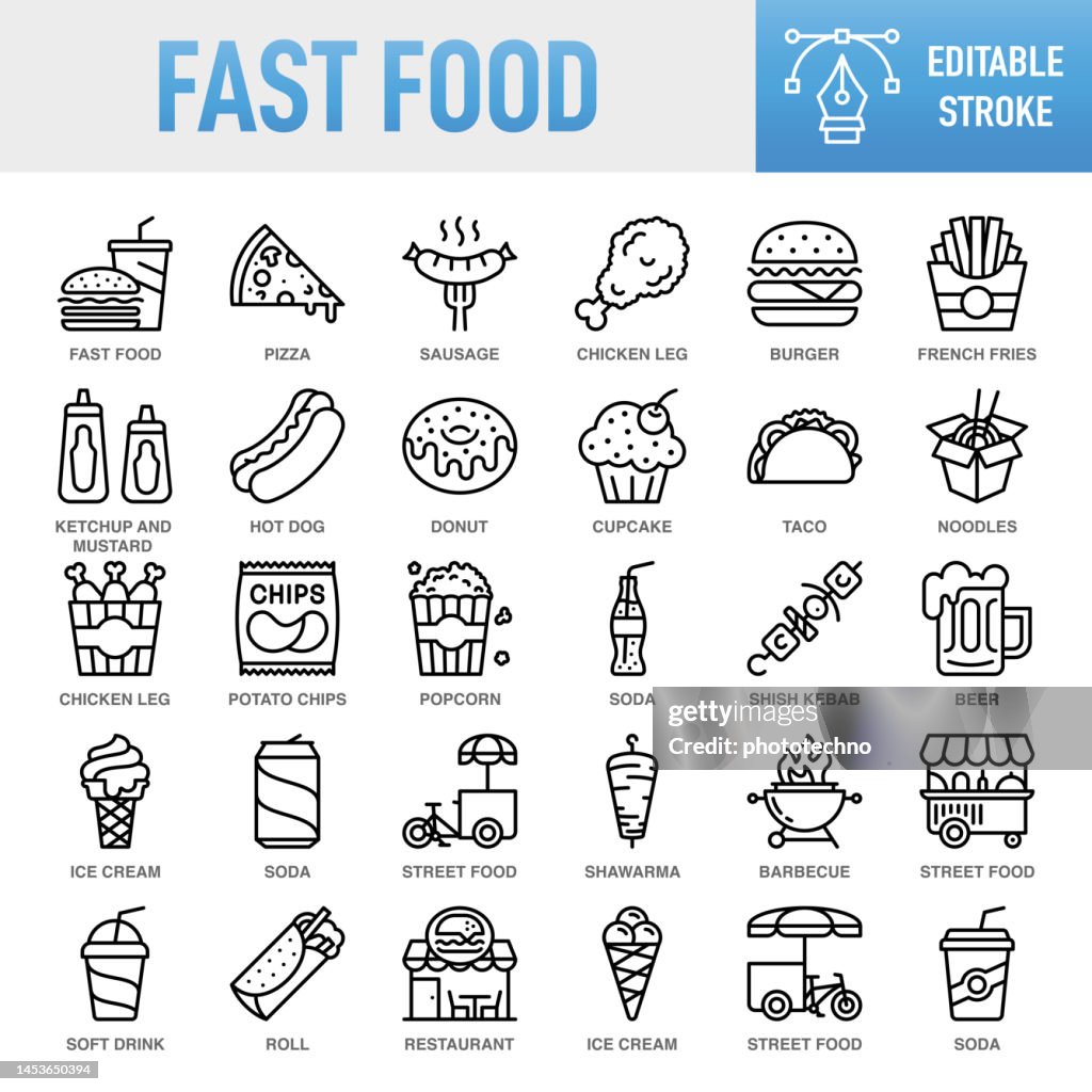 Fast Food - Conjunto de iconos vectoriales de línea delgada. Pixel perfecto. Trazo editable. Para móviles y web. El conjunto contiene iconos: Comida rápida, Restaurante de comida rápida, Pizza, Hamburguesa, Hamburguesa, Hamburguesa, Hamburguesa, Restau
