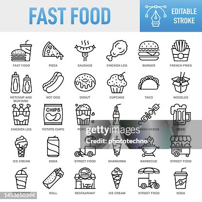 Fast Food - Thin line vector icon set. Pixel perfect. Editable stroke. For Mobile and Web. The set contains icons: Fast Food, Fast Food Restaurant, Pizza, Hamburger, Burger, Cheeseburger, Restaurant, Sandwich, Potato Chip, French Fries, Food Fast Food - Thin line vector icon set. Pixel perfect. Editable stroke. For Mobile and Web. The set contains icons: Fast Food, Fast Food Restaurant, Pizza, Hamburger, Burger, Cheeseburger, Restaurant, Sandwich, Potato Chip, French Fries, Food