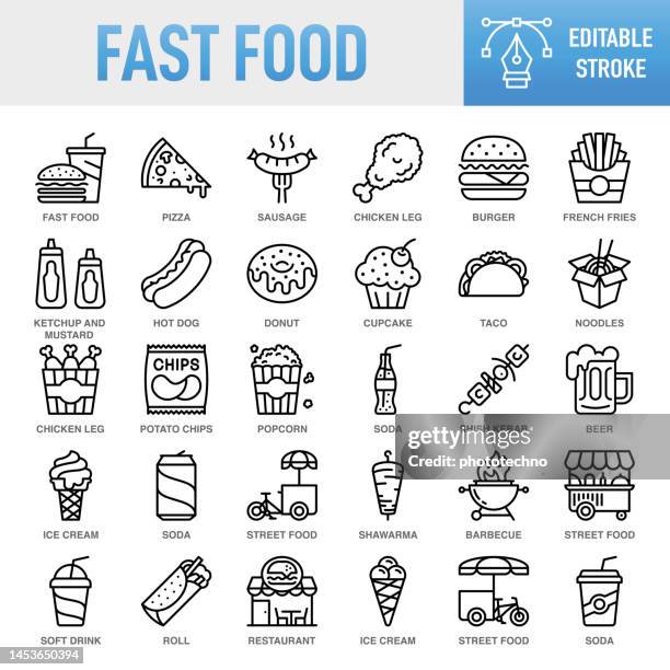 fast food - thin line vector icon set. pixel perfect. editable stroke. for mobile and web. the set contains icons: fast food, fast food restaurant, pizza, hamburger, burger, cheeseburger, restaurant, sandwich, potato chip, french fries, food - taco 幅插畫檔、美工圖案、卡通及圖標