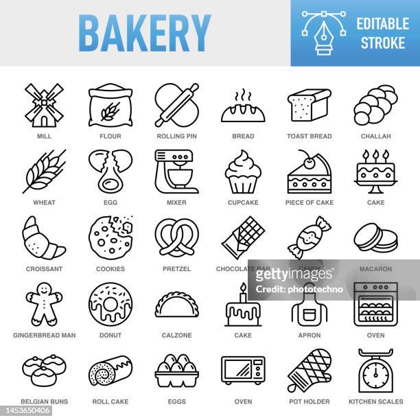ilustrações de stock, clip art, desenhos animados e ícones de bakery - thin line vector icon set. pixel perfect. editable stroke. for mobile and web. the set contains icons: bakery, cookie, baking, bread, cake, food, food and drink, cupcake, dough, doughnut, cooking, baked pastry item, sweet food, sweet pie - baking icons