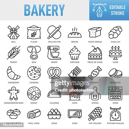 Bakery - Thin line vector icon set. Pixel perfect. Editable stroke. For Mobile and Web. The set contains icons: Bakery, Cookie, Baking, Bread, Cake, Food, Food and Drink, Cupcake, Dough, Doughnut, Cooking, Baked Pastry Item, Sweet Food, Sweet Pie Bakery - Thin line vector icon set. Pixel perfect. Editable stroke. For Mobile and Web. The set contains icons: Bakery, Cookie, Baking, Bread, Cake, Food, Food and Drink, Cupcake, Dough, Doughnut, Cooking, Baked Pastry Item, Sweet Food, Sweet Pie