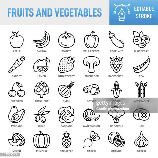 ilustraciones, imágenes clip art, dibujos animados e iconos de stock de frutas y verduras - conjunto de iconos vectoriales de línea fina. pixel perfecto. trazo editable. para móviles y web. el conjunto contiene iconos: fruta, verdura, zanahoria, comida, tomate, plátano, manzana - fruta, naranja - fruta, sandía, melón, ceb - vegetales