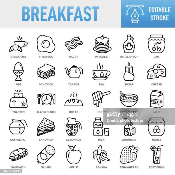 illustrations, cliparts, dessins animés et icônes de petit-déjeuner - jeu d’icônes vectorielles de ligne mince. pixel parfait. trait modifiable. pour mobile et web. l’ensemble contient des icônes: petit déjeuner, bacon, oeuf, oeuf au plat, oeuf à la coque, pain, café - boisson, tasse de café, coup - jus de fruit illustrations