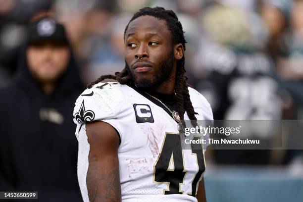 Alvin Kamara of the New Orleans Saints looks on against the Philadelphia Eagles during the second quarter at Lincoln Financial Field on January 01,...