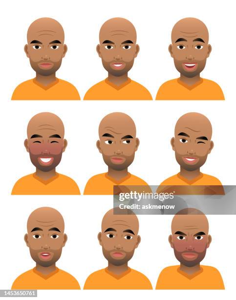 ilustraciones, imágenes clip art, dibujos animados e iconos de stock de emociones - calvo