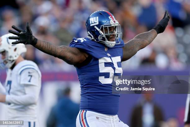 Jihad Ward of the New York Giants reacts to a Chase McLaughlin of the Indianapolis Colts missed field goal during the third quarterat MetLife Stadium...