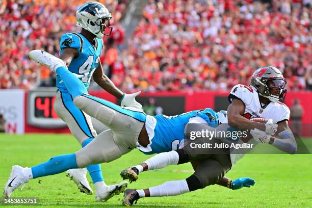 Russell Gage of the Tampa Bay Buccaneers makes a catch against Marquis Haynes Sr. #98 of the Carolina Panthers during the third quarter at Raymond...