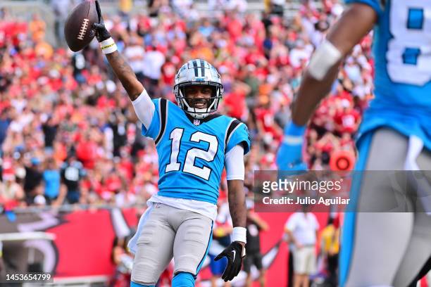 Shi Smith of the Carolina Panthers celebrates after scoring a touchdown during the fourth quarter against the Tampa Bay Buccaneers at Raymond James...