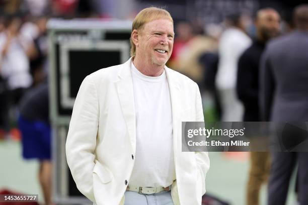 Owner and managing general partner Mark Davis of the Las Vegas Raiders looks on prior to a game against the San Francisco 49ers at Allegiant Stadium...