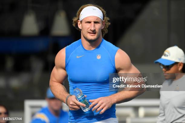 Joey Bosa of the Los Angeles Chargers warms up prior to the game against the Los Angeles Rams at SoFi Stadium on January 01, 2023 in Inglewood,...