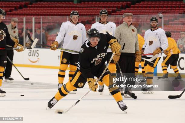 Connor Clifton of the Boston Bruins during practice for the 2023 Winter Classic at Fenway Park on January 01, 2023 in Boston, Massachusetts.