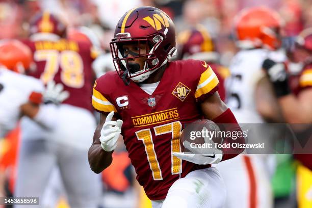 Terry McLaurin of the Washington Commanders runs the ball during the second half against the Cleveland Browns at FedExField on January 01, 2023 in...