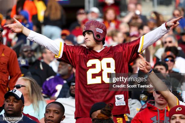 Washington Commanders fan celebrates during the third quarter of the game against the Cleveland Browns at FedExField on January 01, 2023 in Landover,...