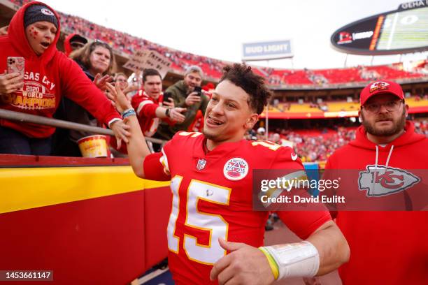 Patrick Mahomes of the Kansas City Chiefs celebrates with fans after a win over the Denver Broncos at Arrowhead Stadium on January 01, 2023 in Kansas...