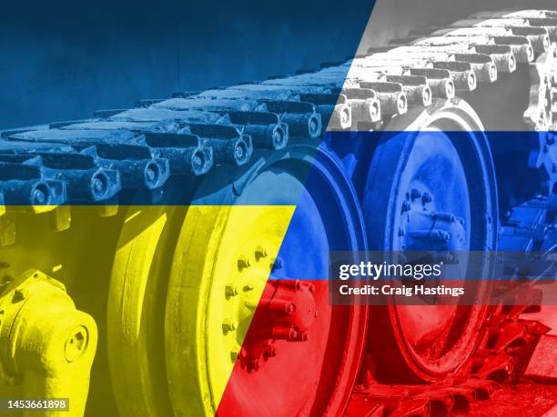russia ukraine war concept with armoured tank military - russische kultur stock-fotos und bilder