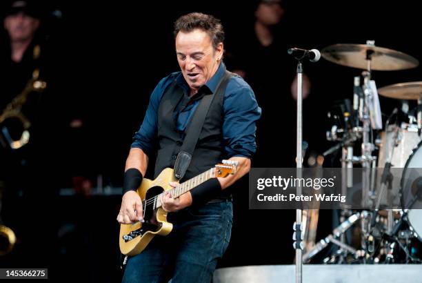 Bruce Springsteen performs on stage at the Rheinenergiestadion on May 27, 2012 in Cologne, Germany.