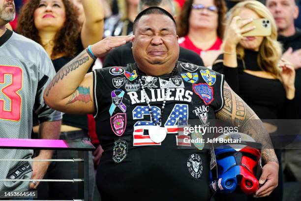 Las Vegas Raiders fan reacts before a game against the San Francisco 49ers at Allegiant Stadium on January 01, 2023 in Las Vegas, Nevada.