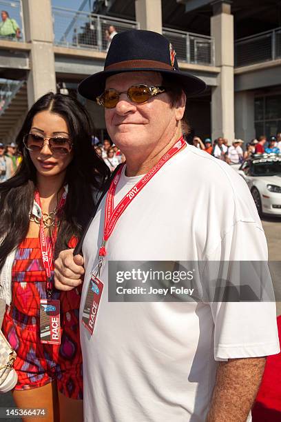 Baseball legend Pete Rose and Kiana Kim attends the 2012 Indianapolis 500 at Indianapolis Motorspeedway on May 27, 2012 in Indianapolis, Indiana.