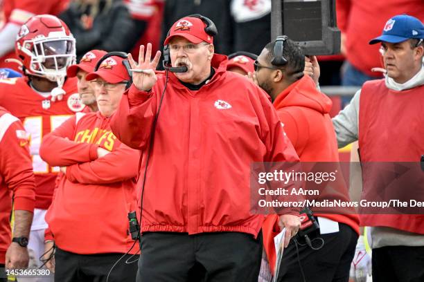 Head coach Andy Reid of the Kansas City Chiefs signals fourth down to his defensive unit as the Denver Broncos march during the fourth quarter of the...