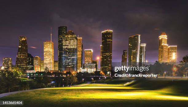 houston skyline at night - houston texas home stock pictures, royalty-free photos & images