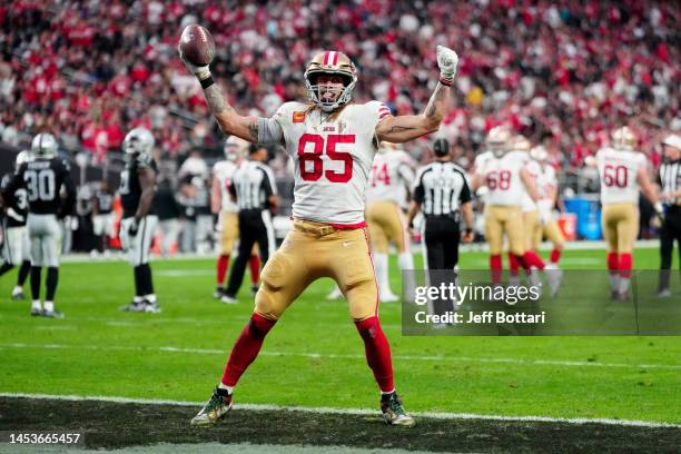 George Kittle of the San Francisco 49ers celebrates a touchdown against the Las Vegas Raiders during the second quarter at Allegiant Stadium on...