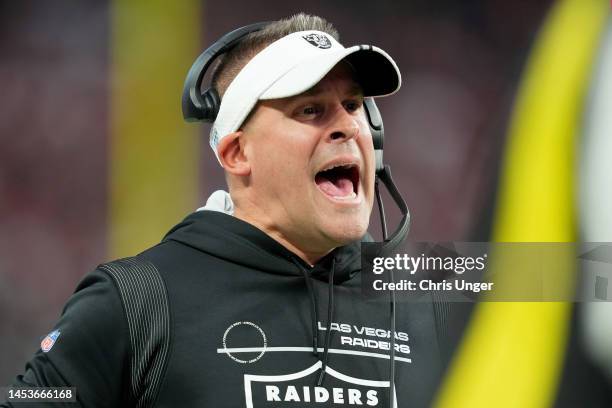 Head coach Josh McDaniels of the Las Vegas Raiders looks on against the San Francisco 49ers during the second quarter at Allegiant Stadium on January...