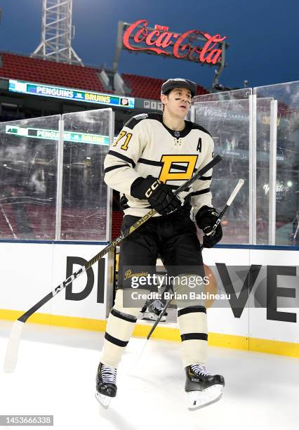 Evgeni Malkin of the Pittsburgh Penguins takes the ice prior to practice for the NHL Winter Classic at Fenway Park on January 01, 2023 in Boston,...