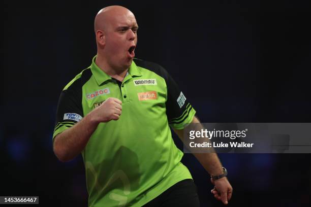 Michael van Gerwen of Netherlands reacts during his Quarter-Final Match against Chris Dobey of England during Day Fourteen of the Cazoo World Darts...
