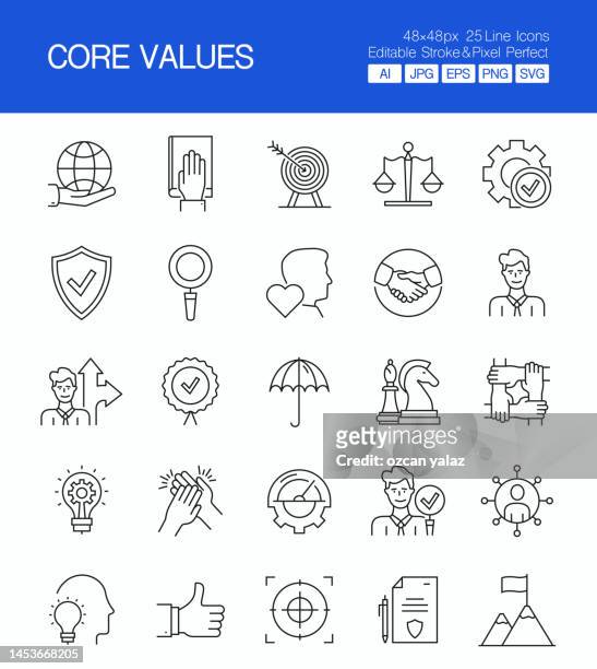 core values thin line vector icon set. the design is editable and the color can be changed. vector set of creativity icons: responsibility , honesty , trust , quality , vision , integrity - dedication icon stock illustrations